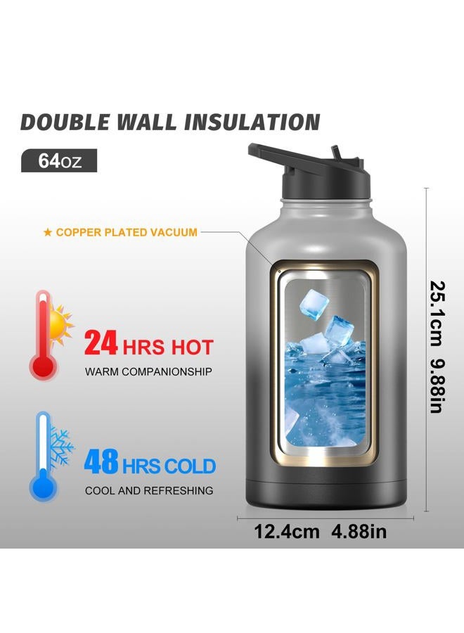 WATERSY 64oz Insulated Water Bottle (Cold for 48 Hrs),BPA Free&Leak Proof,Half Gallon Stainless Steel Water Flask,Water Jug with Straw Spout Lids for Gym,Hiking,Camping,Grey Black - Image 2