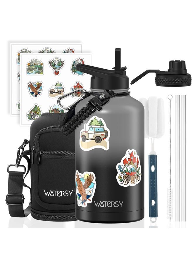 WATERSY 64oz Insulated Water Bottle (Cold for 48 Hrs),BPA Free&Leak Proof,Half Gallon Stainless Steel Water Flask,Water Jug with Straw Spout Lids for Gym,Hiking,Camping,Grey Black - Image 1
