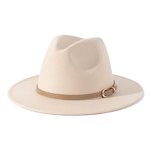 Lisianthus Women Classic Felt Fedora Wide Brim Hat with Belt Buckle A-Creamy - Image 1