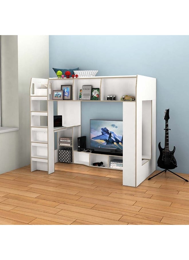 DANUBE HOME - Kinder 90X190 Loft Bunk Bed With Study Desk And Storage Shelves For Kids Space Saving Design Heavy Duty Wooden Loft Bed For Kids - White & Sonoma Oak - Image 1