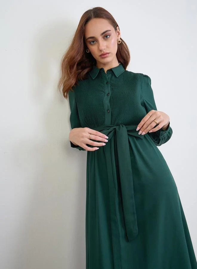 Women Dark Green Maxi Dress with Tie Belt