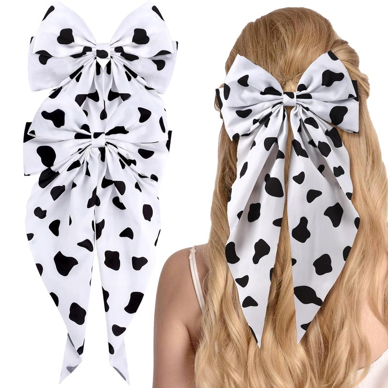TOKUFAGU 2 PCS 7In Cow Print Hair Bow Clips for Women  Girls Big Layered Long Tail White Black Hair Bow Large Hair Ribbon Barrettes Metal Clips Bowknot Aesthetic Hair Accessories