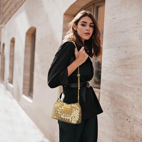 Joryin Woven Women's Crossbody Bag & Evening Purse, Trendy Dumpling Clutch & Hobo Cloud Shoulder Bag Trendy Dumpling Clutch Vegan Leather, Golden - Image 2