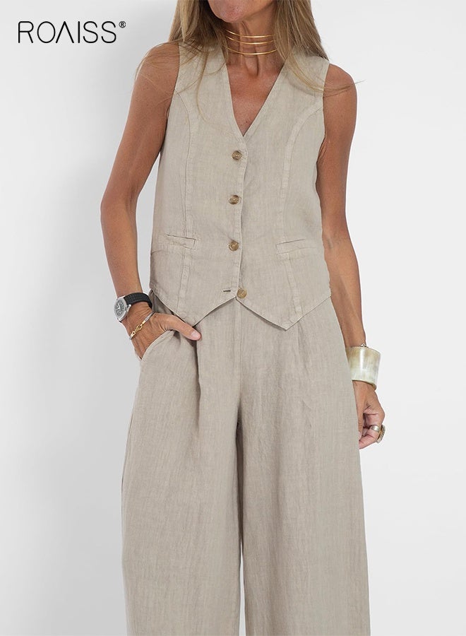 رويس طقم نسائي مكون من قطعتين من السترة القصيرة بدون أكمام وفتحة رقبة على شكل حرف V وبنطلون واسع الساق وبدلة صيفية من الكتان المتطابق مع أزرار أمامية وصدرية أنيقة مرقعة من قطعتين مع جيوب بلون سادة - Image 3