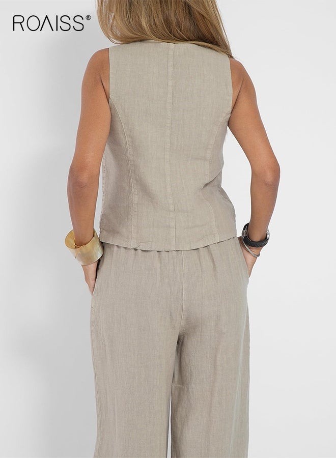 رويس طقم نسائي مكون من قطعتين من السترة القصيرة بدون أكمام وفتحة رقبة على شكل حرف V وبنطلون واسع الساق وبدلة صيفية من الكتان المتطابق مع أزرار أمامية وصدرية أنيقة مرقعة من قطعتين مع جيوب بلون سادة - Image 2