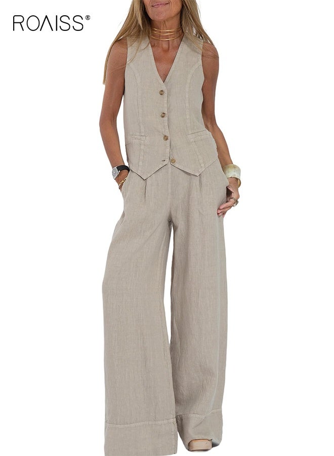 رويس طقم نسائي مكون من قطعتين من السترة القصيرة بدون أكمام وفتحة رقبة على شكل حرف V وبنطلون واسع الساق وبدلة صيفية من الكتان المتطابق مع أزرار أمامية وصدرية أنيقة مرقعة من قطعتين مع جيوب بلون سادة - Image 4