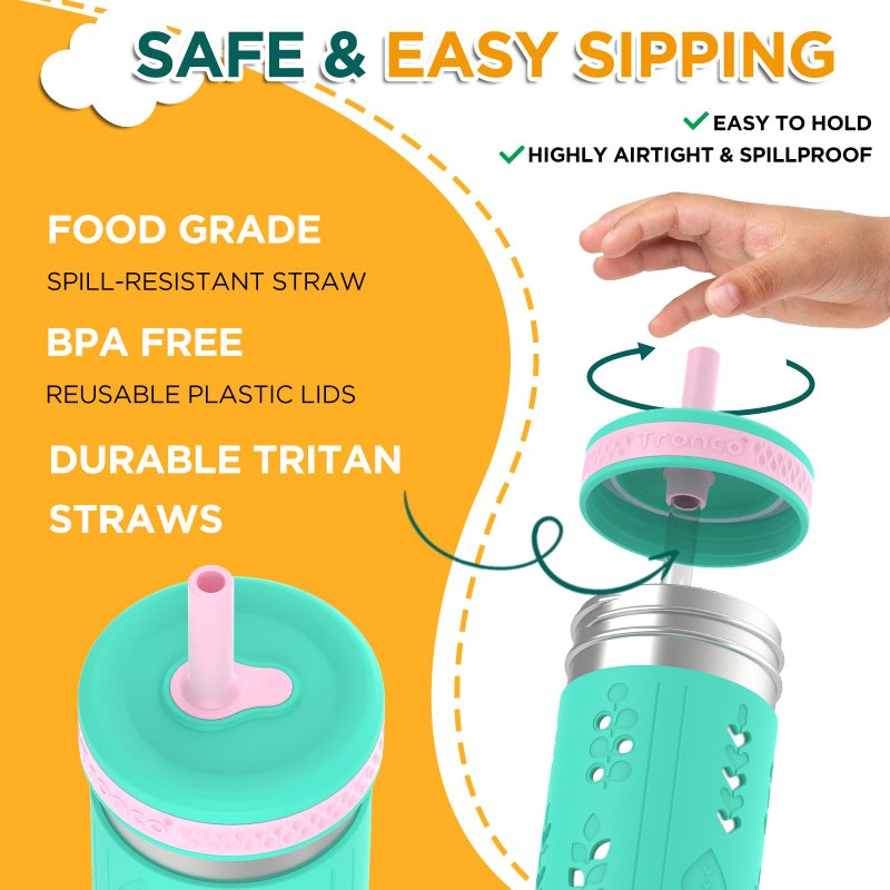 Tronco 4 Pack 15oz 2-in-1 Stainless Steel Kids Tumbler Cups with Silicone Sleeves, Spill-Resistant Flexible Straws & Storage Lids, BPA-Free Smoothie and Snack Cups, Dishwasher Safe - Image 3