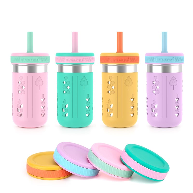 Tronco 4 Pack 15oz 2-in-1 Stainless Steel Kids Tumbler Cups with Silicone Sleeves, Spill-Resistant Flexible Straws & Storage Lids, BPA-Free Smoothie and Snack Cups, Dishwasher Safe - Image 1