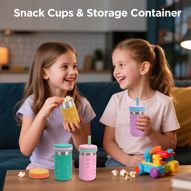 Tronco 4 Pack 15oz 2-in-1 Stainless Steel Kids Tumbler Cups with Silicone Sleeves, Spill-Resistant Flexible Straws & Storage Lids, BPA-Free Smoothie and Snack Cups, Dishwasher Safe - Image 4