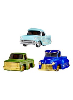 MGA Entertainment CarTuned 3 Pack Series 1 Cruizn Da BLVD & Drip'd 1957 Chevy Bel Air Kandy Light Blue Lowrider, 1987 Chevy C10 Truck Kandy Green Lowrider, 1953 Chevy Pickup Kandy Dark Blue Lowrider, Diecast, Ages 6+  - Image 1