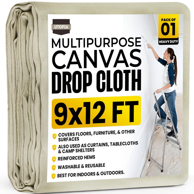 Utopia Home Utopia Drop Cloth for Painting (9x12 ft, 1 Pack) Washable and Reusable Drop Cloth for Painting, Furniture & Floor Protection Highly Absorbent Paint Cover - Thick Canvas Tarp for Outdoor and Indoor Use - Image 1