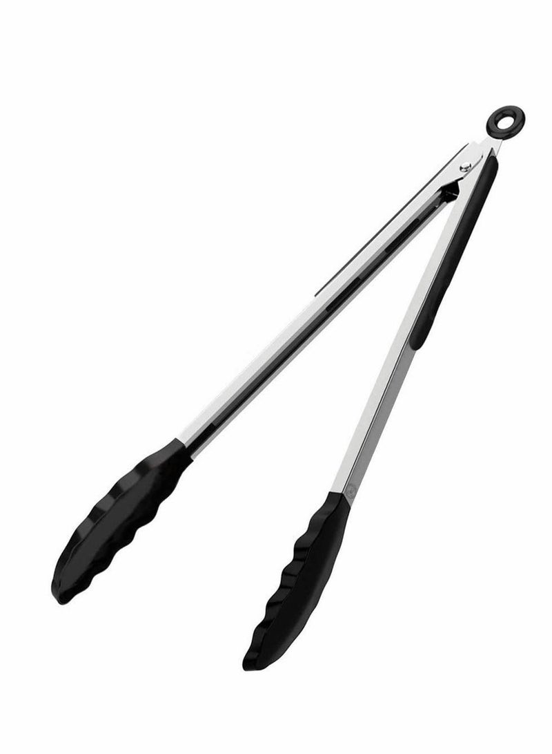 NIBEMINENT Kitchen BBQ Clips, Silicone Tong Stainless Steel Handle with Easy Grip and Smart Padlock System Curved Tip for Strong Handy BBQ, Serving, Frying, Cooking (Black)  - Image 1