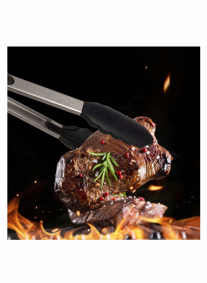 NIBEMINENT Kitchen BBQ Clips, Silicone Tong Stainless Steel Handle with Easy Grip and Smart Padlock System Curved Tip for Strong Handy BBQ, Serving, Frying, Cooking (Black)  - Image 3