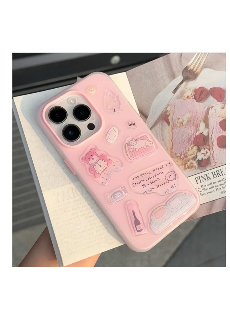 NIBEMINENT 3D Sticker Teddy Bear Protective TPU Case Cover For iPhone 16 Plus, Pink