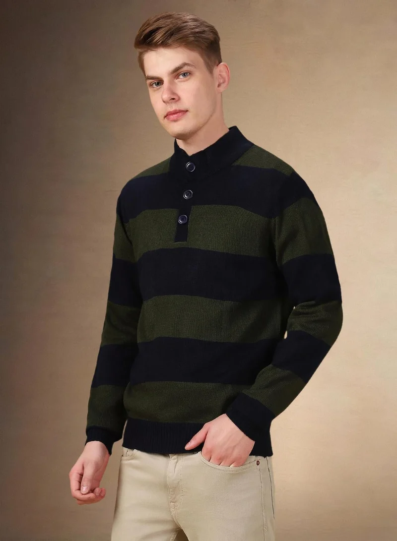 Dennis Lingo Men's Olive 100% Acrylic Striped Regular Fit Sweater
