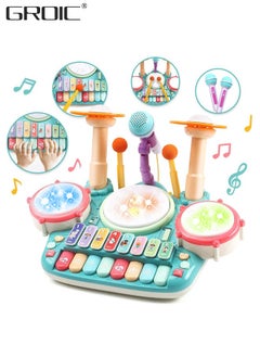 GROIC Kids Drum Toy with Music, Piano Keyboard, Beats Flash Light and Adjustable Microphone, Electronic Musical Instruments Toys, Musical Instruments Playset Drum Set  - Image 1
