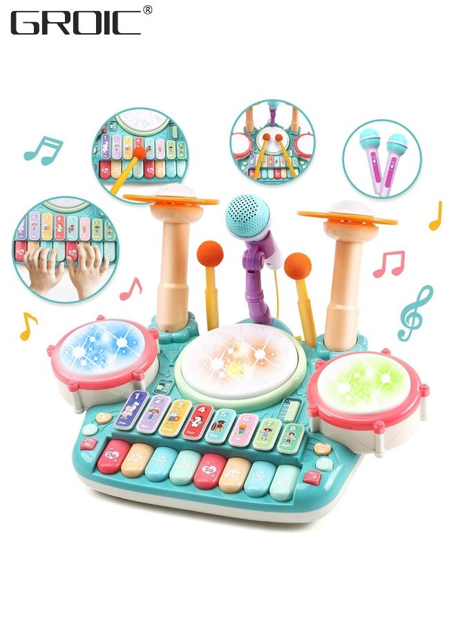 GROIC - Kids Drum Toy with Music, Piano Keyboard, Beats Flash Light and Adjustable Microphone, Electronic Musical Instruments Toys, Musical Instruments Playset Drum Set - Image 1