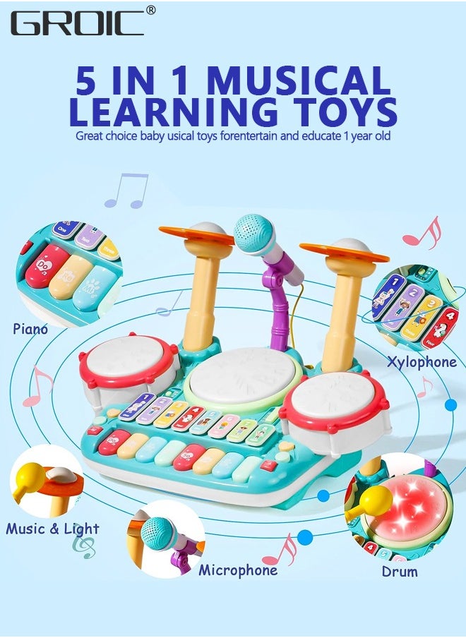 GROIC - Kids Drum Toy with Music, Piano Keyboard, Beats Flash Light and Adjustable Microphone, Electronic Musical Instruments Toys, Musical Instruments Playset Drum Set - Image 1