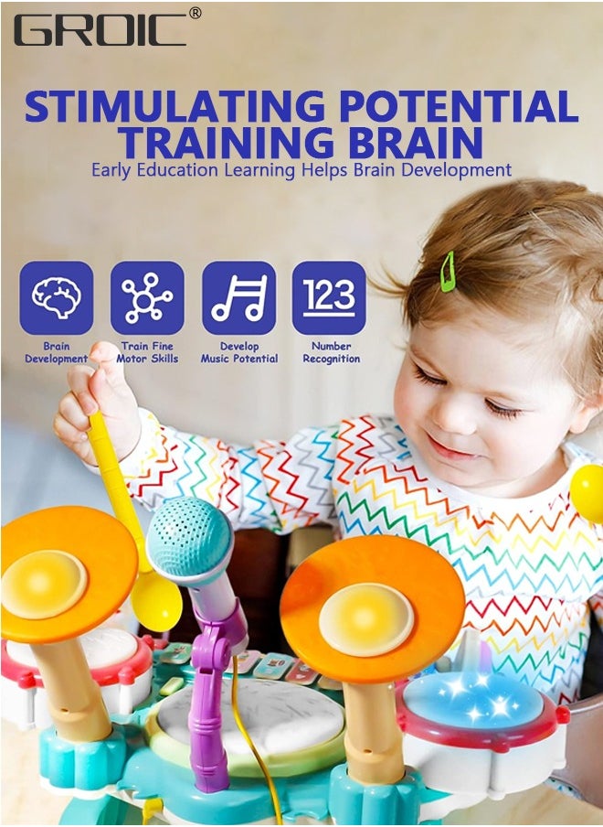 GROIC - Kids Drum Toy with Music, Piano Keyboard, Beats Flash Light and Adjustable Microphone, Electronic Musical Instruments Toys, Musical Instruments Playset Drum Set - Image 1