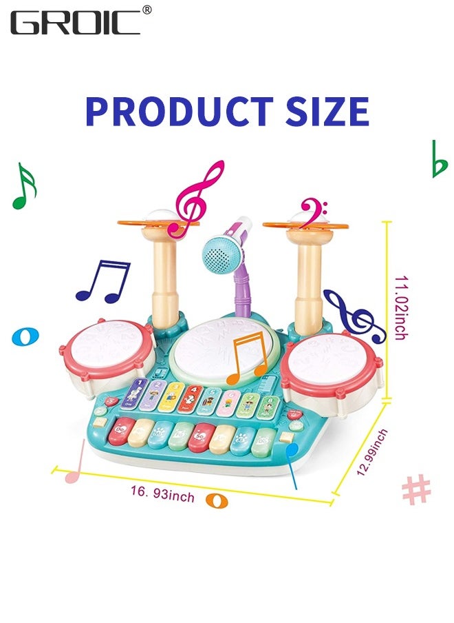 GROIC - Kids Drum Toy with Music, Piano Keyboard, Beats Flash Light and Adjustable Microphone, Electronic Musical Instruments Toys, Musical Instruments Playset Drum Set - Image 1