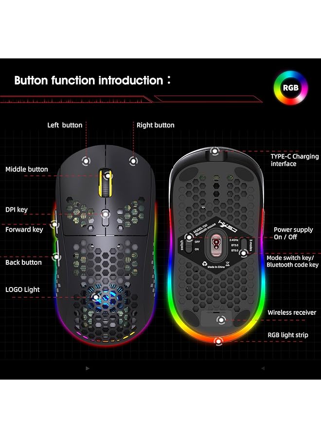 Bt/2.4G Wireless Gaming Mouse Honeycomb Hollow Design Ergonomic ماوس قيمنق لاسلكي Up To 3600 Dpi Silent Clicks 6 Rgb Backlight Modes Rgb Gaming Mouse For Mac Laptop Computer Pc  - Image 2