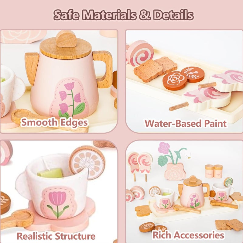 Smartwo Wooden Tea Set for Little Girls, Play Kitchen Accessories for Toddlers Tea Party with Play Food, Pretend Play Tea Set Toy, Improve Imagination and Social Skills, FZT23016 - Image 3
