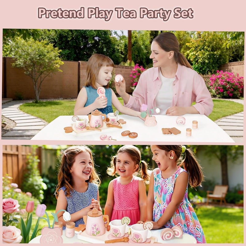 Smartwo Wooden Tea Set for Little Girls, Play Kitchen Accessories for Toddlers Tea Party with Play Food, Pretend Play Tea Set Toy, Improve Imagination and Social Skills, FZT23016 - Image 5