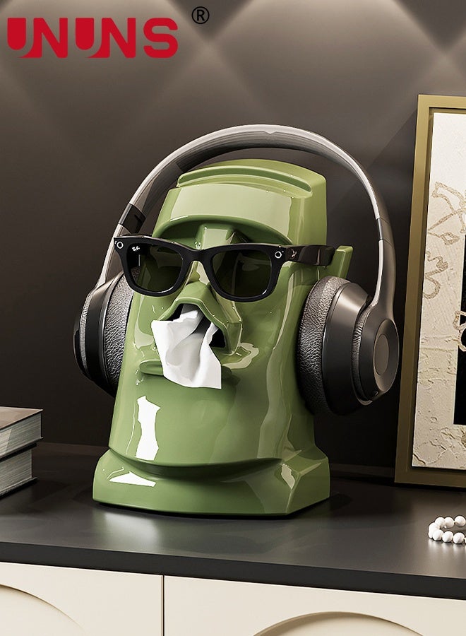 UNUNS Tissue Box,Creative Stone Statue Tissue Box Holder,3-in-1 Headphone Stand Glasses Rack Holder,Tissue Box Cover for Office Living Room Dining Table Bedroom Book Shelf TV Cabinet Desktop,Green - Image 1