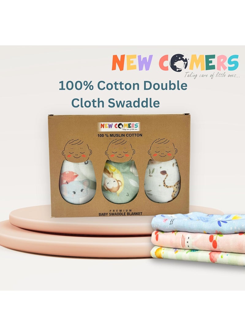 NEW COMERS NEW COMERS Cotton Muslin Baby Swaddle Pack of 3 Multicolour Printed Muslin Swaddle Wrap for New Born Baby Soft Pure Cotton Sheet Kids Wrap Set Baby Product Size 120cm x 100cm 018 Months_02  - Image 5