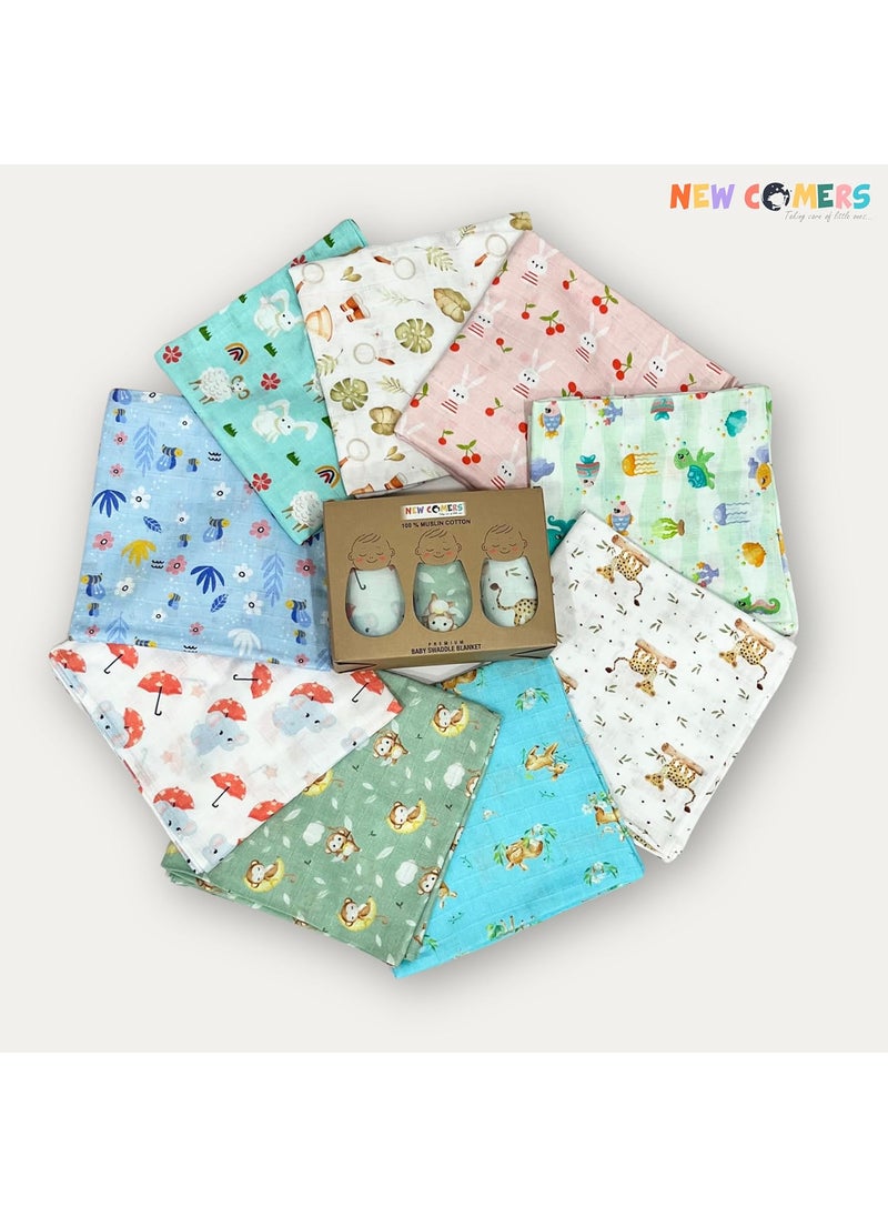 NEW COMERS NEW COMERS Cotton Muslin Baby Swaddle Pack of 3 Multicolour Printed Muslin Swaddle Wrap for New Born Baby Soft Pure Cotton Sheet Kids Wrap Set Baby Product Size 120cm x 100cm 018 Months_02  - Image 4
