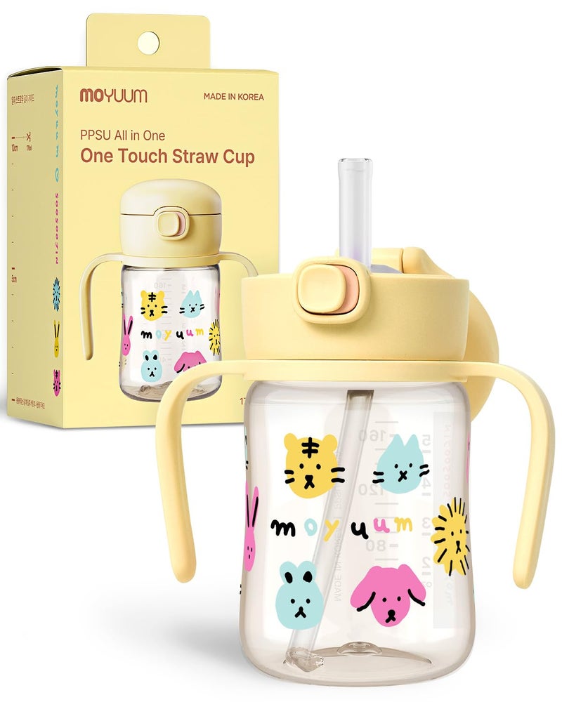 MOYUUM Leak Proof Sippy Cup with Handle | Made in Korea, 100% BPA Free PPSU, Magic No Spill Straw Cup with Attached Flip Top Lid, Easy to Hold for Babies and Toddlers, 6oz Yellow - Image 1