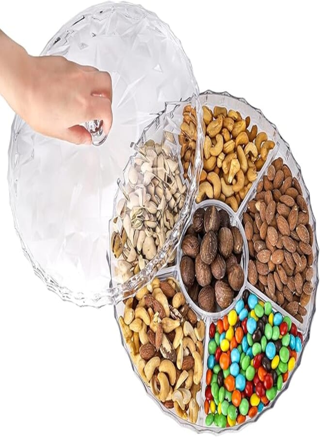 ZOOFOX 12" Round Plastic Serving Tray with Lid for Snacks, Appetizers, Food Storage, Dried Fruits, Nuts, Desserts, Sweet Cookies, Fruits, 12 Inch, Clear