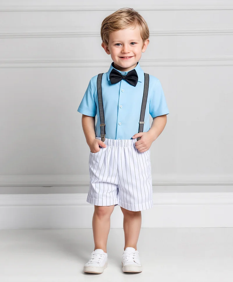 مارك وميا بدلة حفلات مخططة بأكمام قصيرة من القطن % مع حمالات وربطة عنق - أزرق