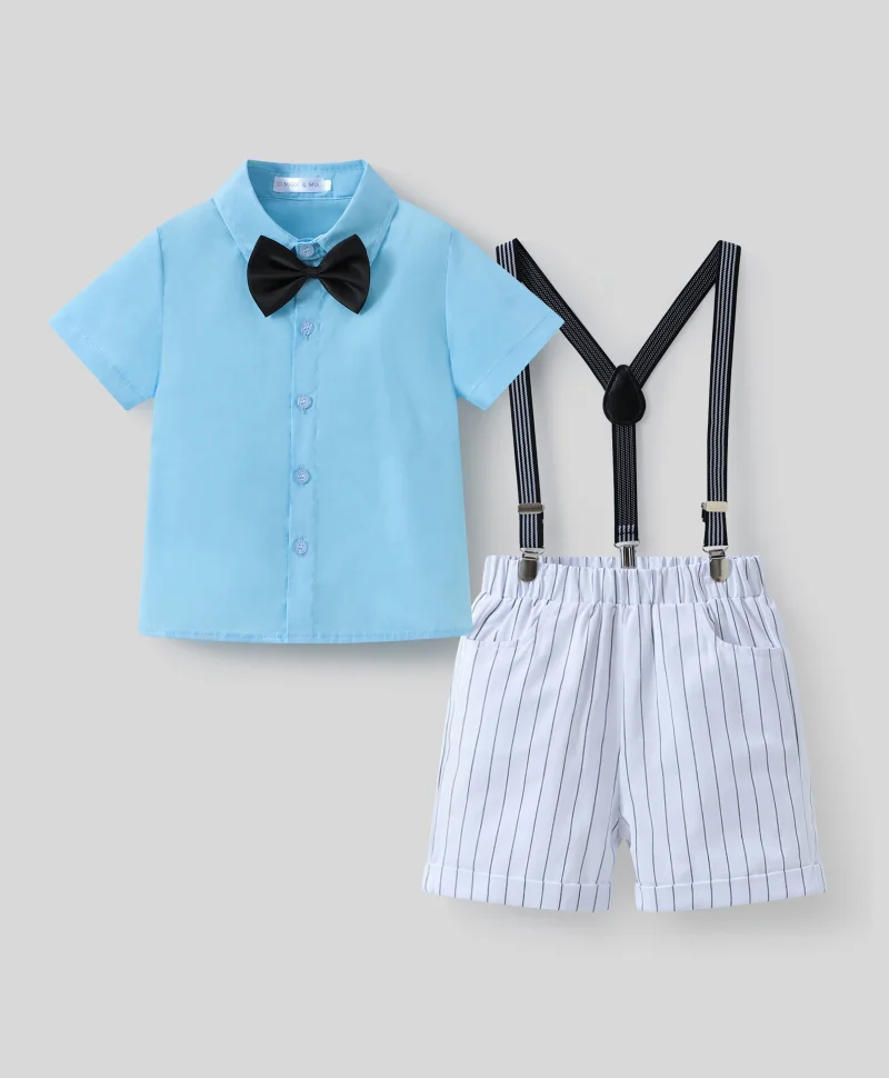 مارك وميا بدلة حفلات مخططة بأكمام قصيرة من القطن % مع حمالات وربطة عنق - أزرق