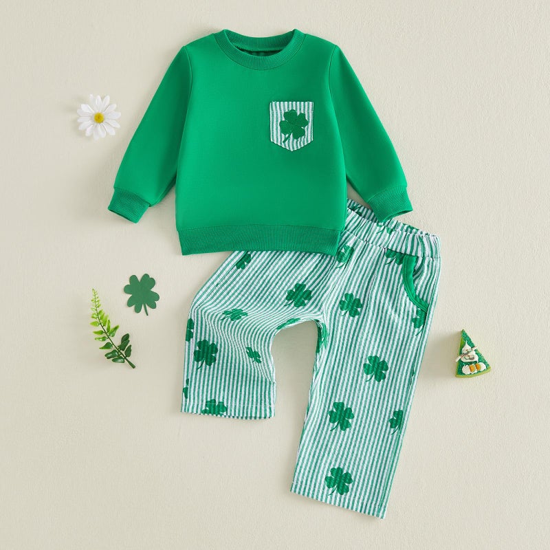 JLKGICF St Patricks Day Baby Boy Outfit Long Sleeve Clover Sweatshirt Striped Pants Toddler Boy Summer Spring Clothes (Green Clover, 18-24 Months) - Image 3