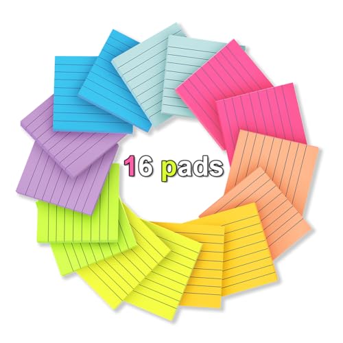 Kozerite (16 Pack) Lined Sticky Notes 3x3 in Ruled Stickies Super Sticking Power Memo Pads Bright Colors - Image 2
