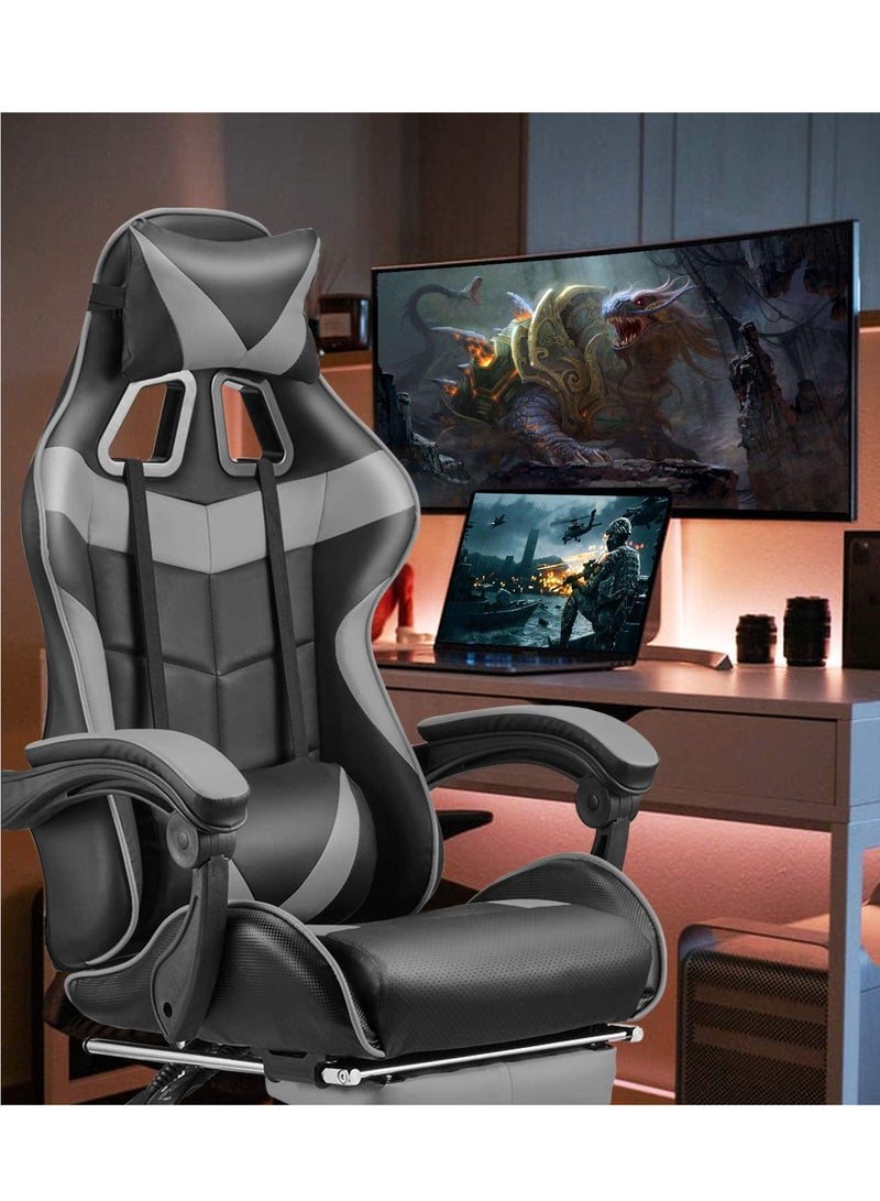 زويهاو كرسي ألعاب مع مسند للقدمين - كرسي مكتب عالي الظهر بتصميم سباق مع مسند للرأس ودعم أسفل الظهر (رمادي) - Image 1