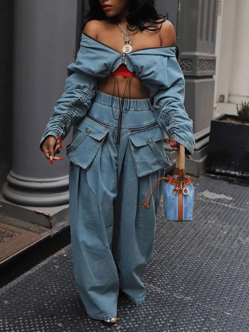 KANSOON Jean Outfits for Women 2 Piece Sets Fall Denim Drawstring Zipper Crop Jacket Wide Leg Pants Loose Outfit Blue S - Image 5