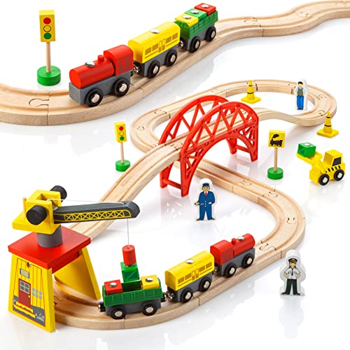 KipiPol Wooden Train Sets for Boys 2-4-7 – 38 Pcs Wood Train Set for Toddlers w/Crane, Bridge & Wooden Train Tracks – Train Toys for 3 Year Old Boys & Girls – Fits Thomas Brio IKEA Melissa and Doug - Image 1