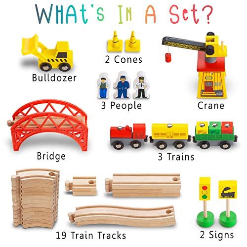 KipiPol Wooden Train Sets for Boys 2-4-7 – 38 Pcs Wood Train Set for Toddlers w/Crane, Bridge & Wooden Train Tracks – Train Toys for 3 Year Old Boys & Girls – Fits Thomas Brio IKEA Melissa and Doug - Image 2
