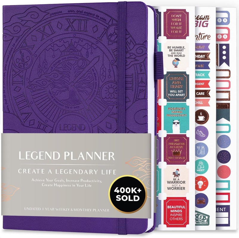 Legend Planner - مخطط أسبوعي وشهري فاخر لتحقيق أهدافك والعيش بسعادة أكبر. دفتر تنظيم ومفكرة إنتاجية. غلاف مقوى A5، غير مؤرخ - ابدأ في أي وقت + ملصقات - بنفسجي - Image 1
