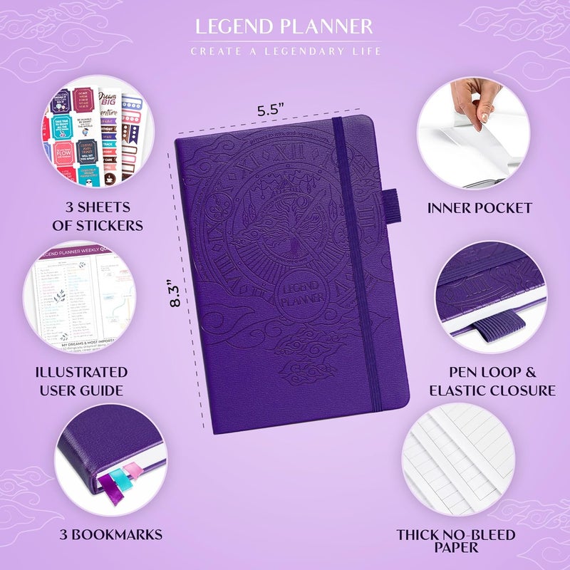 Legend Planner - مخطط أسبوعي وشهري فاخر لتحقيق أهدافك والعيش بسعادة أكبر. دفتر تنظيم ومفكرة إنتاجية. غلاف مقوى A5، غير مؤرخ - ابدأ في أي وقت + ملصقات - بنفسجي - Image 2