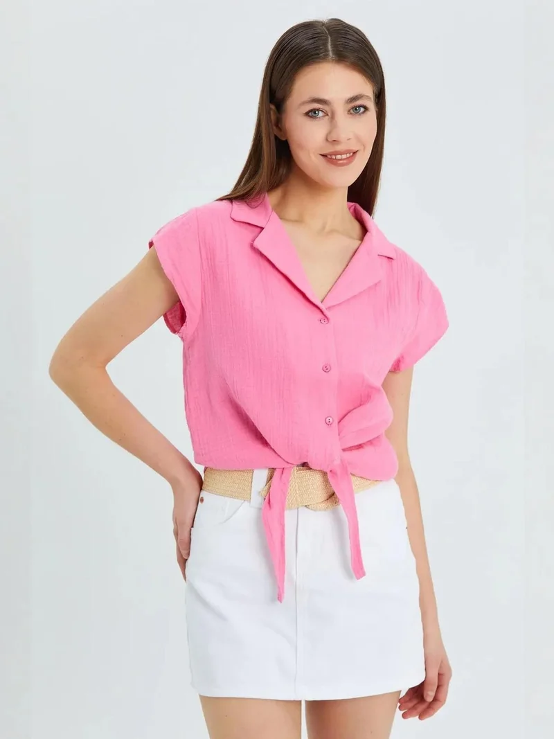 Mixray Powder Pink Mixray Crop Shirt with Bow Detail for Women | Best Price UAE