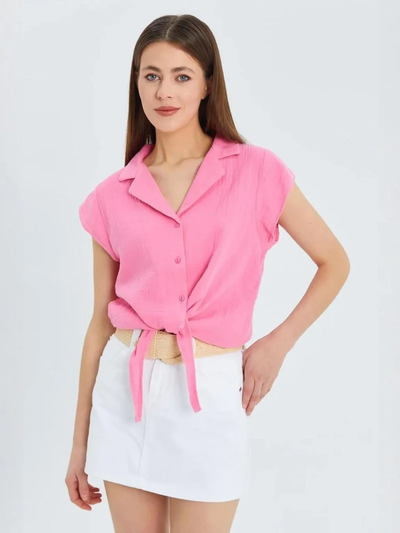 Mixray Powder Pink Mixray Crop Shirt with Bow Detail for Women | Best Price UAE