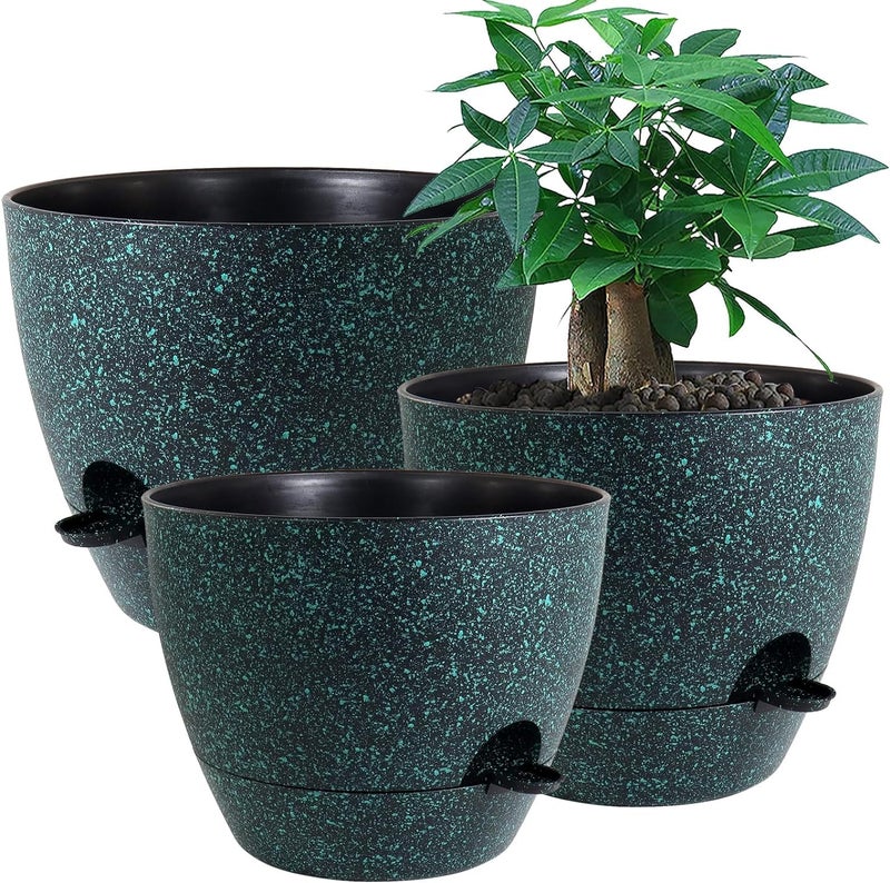 UOUZ Large Self Watering Pots 12109 Plastic Planters with High Drainage Holes and Deep Reservoir for Indoor Outdoor Garden Plants and Flowers Black with Green Speckles