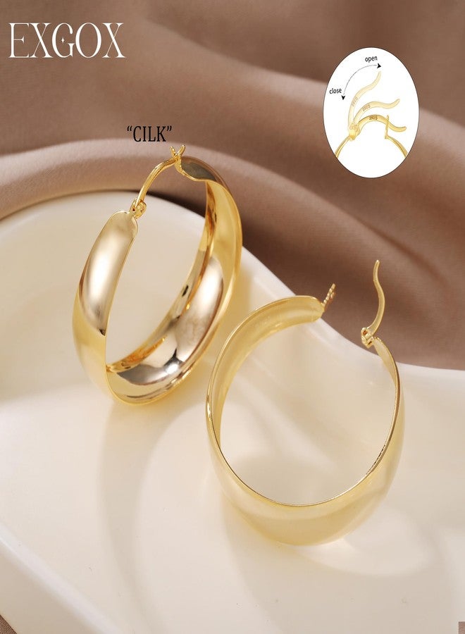 EXGOX Gold Hoop Earrings for Women Sterling Silver Post Hoops Earrings for Women Wide Thick Silver Hoop Earrings Hypoallergenic Lightweight 14k Real Gold Plated Hoop Large Earrings (25/30/40/50MM) - Image 4
