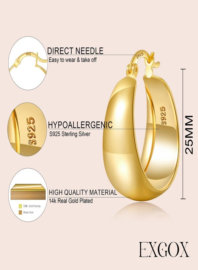 EXGOX Gold Hoop Earrings for Women Sterling Silver Post Hoops Earrings for Women Wide Thick Silver Hoop Earrings Hypoallergenic Lightweight 14k Real Gold Plated Hoop Large Earrings (25/30/40/50MM) - Image 2