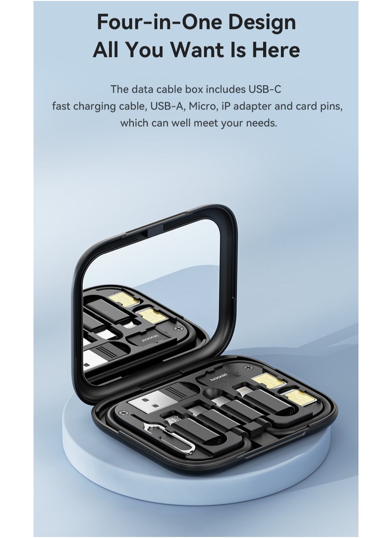 null - مجموعة صندوق كابل Toocki USB 60واط  تخزين و شحن سريع للهاتف المحمول  4 في 1 متعدد الوظائف نوع USB C لذلك مناسب للسفر بدون قلق مضاف فيه مرآة مفيدة للمكياج لون اسود - Image 1