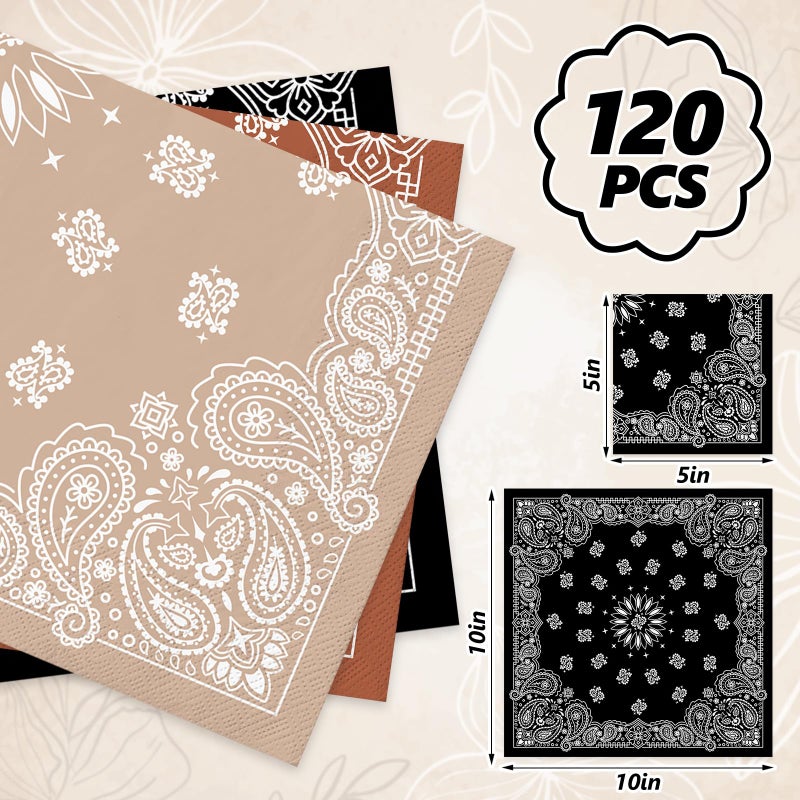 Whaline 120Pcs Western Bandana Cocktail Napkins 3 Colors Wild West Paper Napkin Cowboy Paisley Disposable Beverage Napkin for Wild One Yeehaw Bday - Image 2
