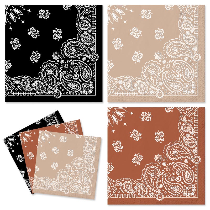 Whaline 120Pcs Western Bandana Cocktail Napkins 3 Colors Wild West Paper Napkin Cowboy Paisley Disposable Beverage Napkin for Wild One Yeehaw Bday - Image 1